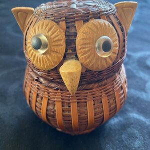 Vintage Owl Basket Woven Wicker Rattan Trinket Storage Box Farmhouse Boho MCM